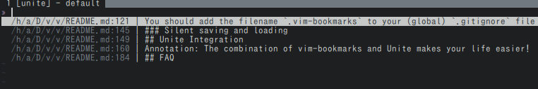 A screenshot of vim-bookmarks' Unite interface